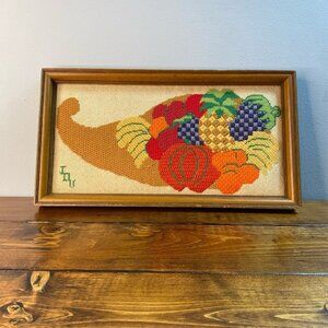 Wall Art Vintage Cornucopia Fruit Embroidery Art Needlepoint Horn of Plenty